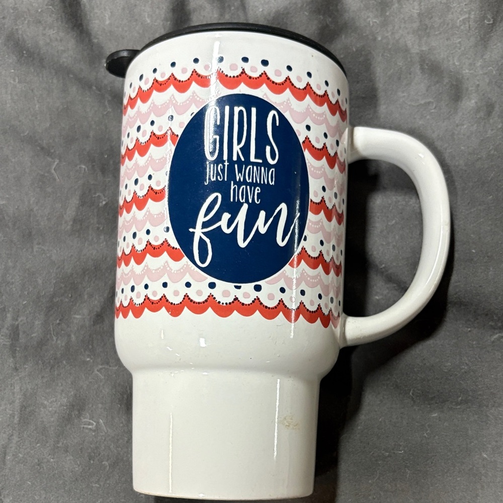 Girls Just Wanna Have Fun Ceramic Travel Mug - White with Coral & Navy